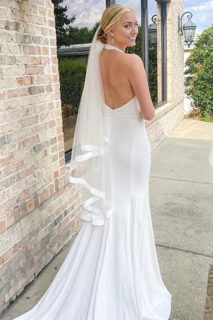 Wholesa Mermaid Halter Long Wedding Dress with Slit