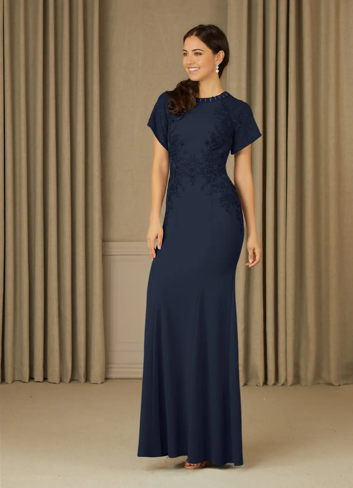 Wholesa Mermaid Crew Neck Lace Dark Navy formal dresses evening dress Mother of the Bride Dresses