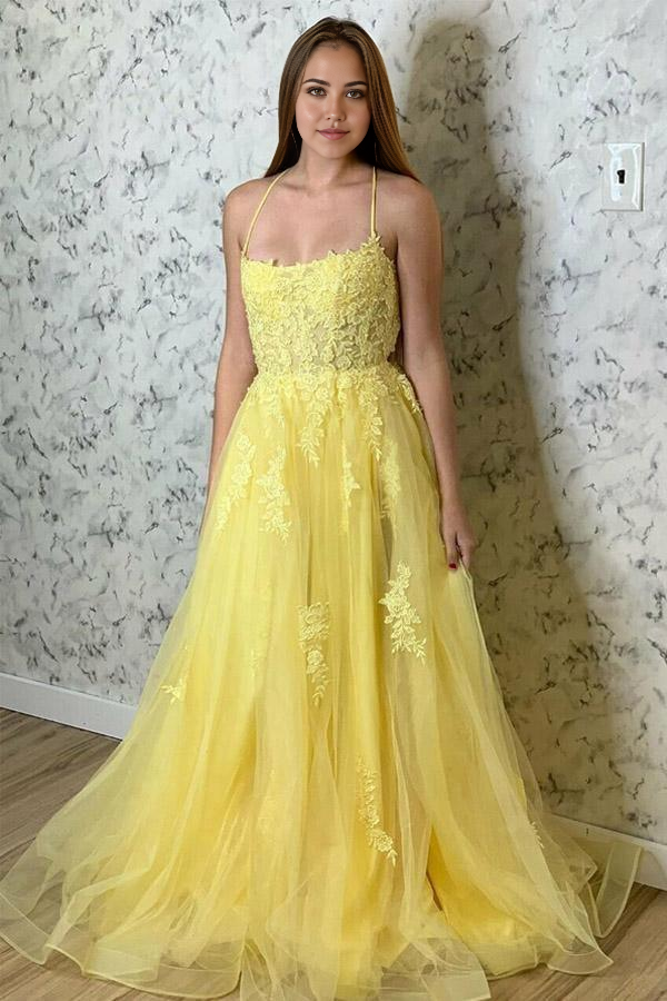 Wholesa A Line Spaghetti Straps Yellow Split Long Prom Dress With Lace Appliques