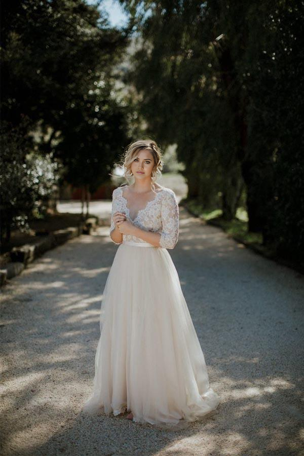 Wholesa A-line V-neck Half Sleeves Belt Tulle Wedding Dress Bridal Gown