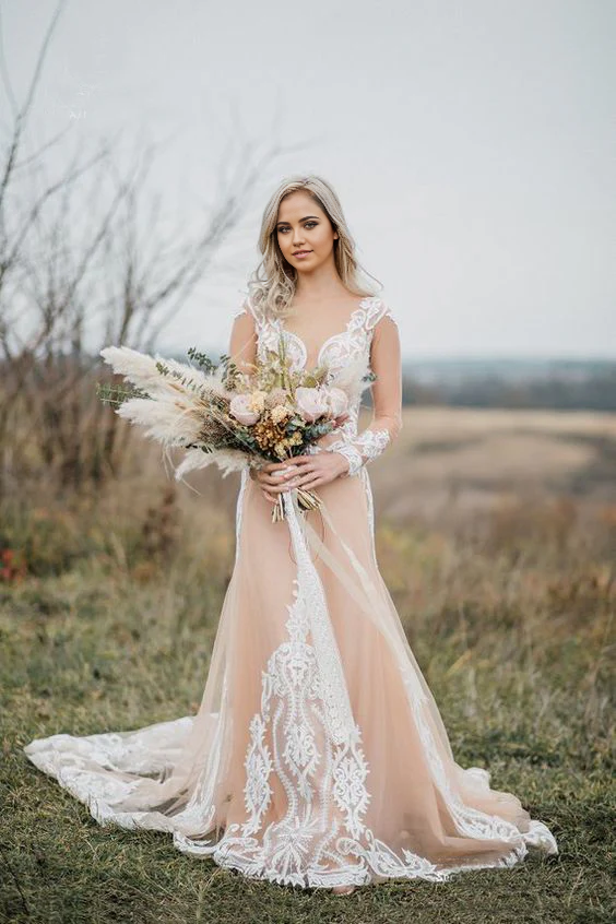 Wholesa Mermaid Bohemian Long Sleeves Wedding Dresses With Appliques