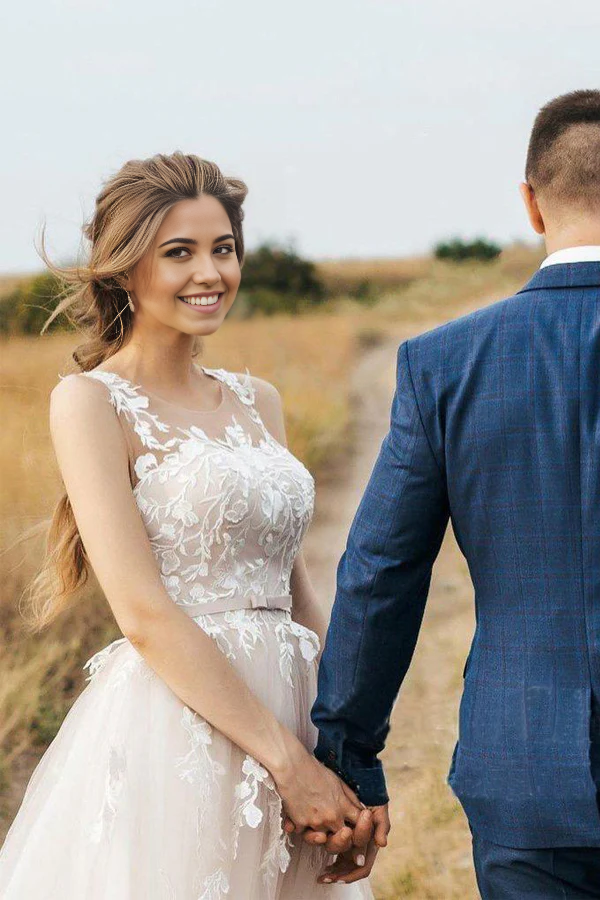 Wholesa A Line Vintage Lace Scoop Neckline Tulle Wedding Bridal Dress Wedding Dresses