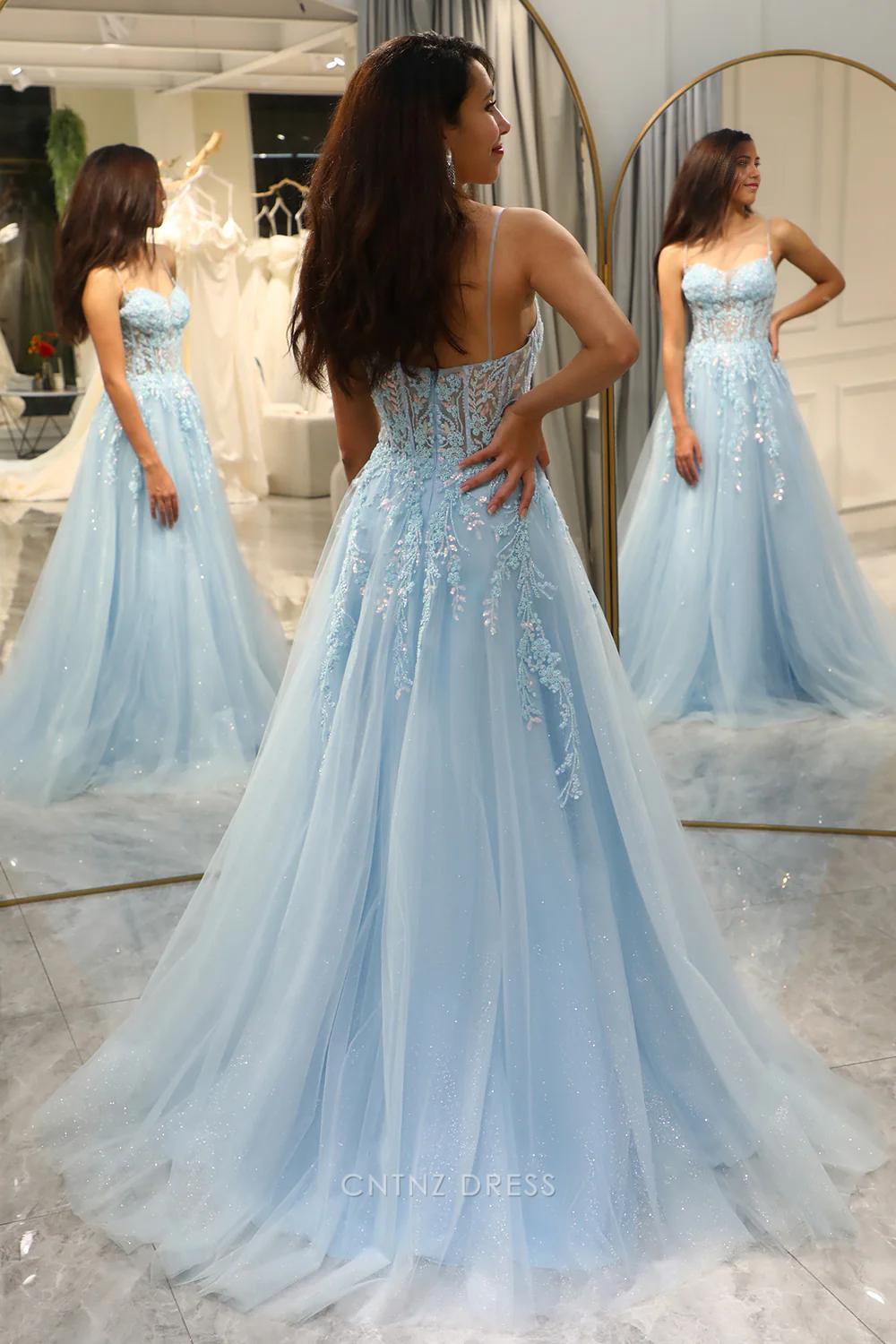 Wholesa A Line Spaghetti Appliques Straps Tulle Long Fuchsia formal dresses Bridesmaid Dresses evening gown Prom Dress