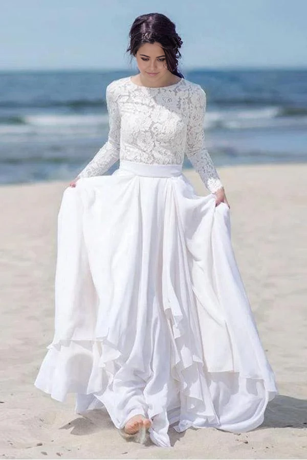 Wholesa Beach Lace Long Sleeve Zipper Chiffon White Bridal Dress Wedding Dresses