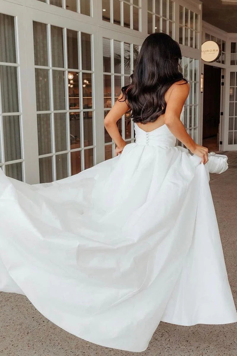 Wholesa A-Line Strapless Satin Wedding Dresses with Slit