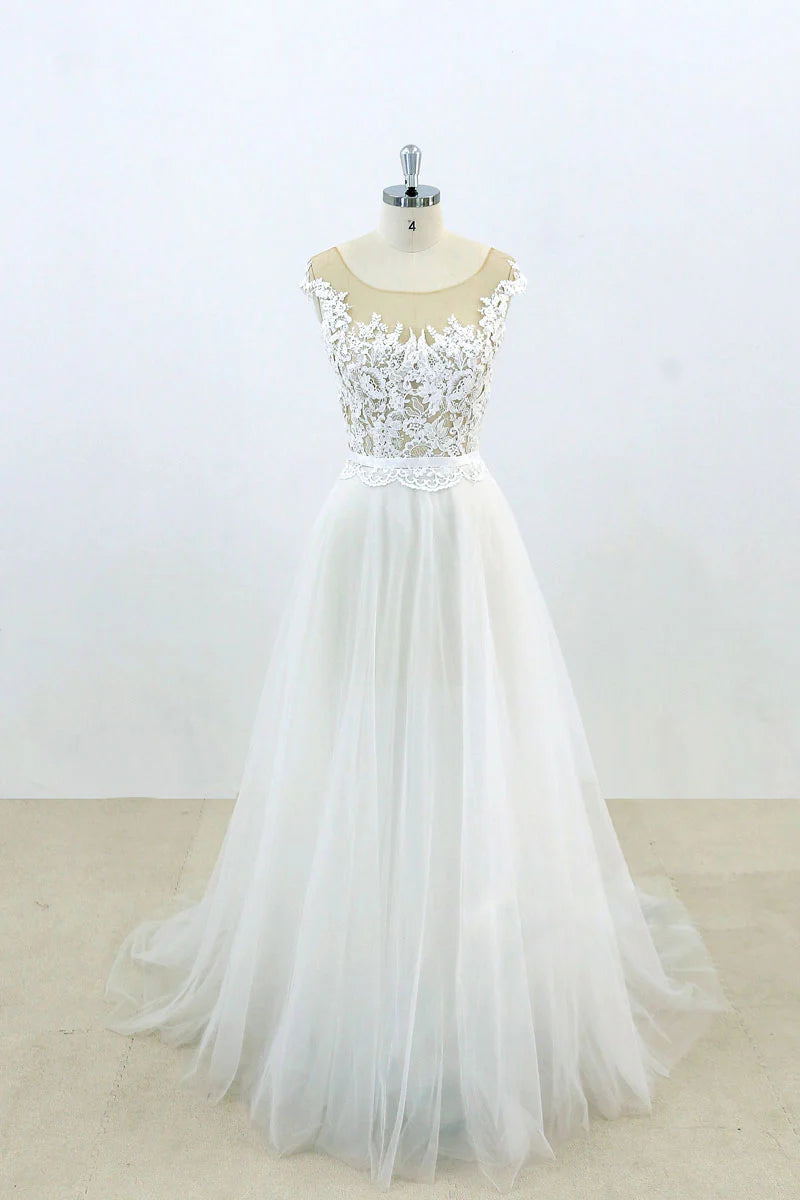 Wholesa Round Neck Lace Tulle Long Wedding Dresses