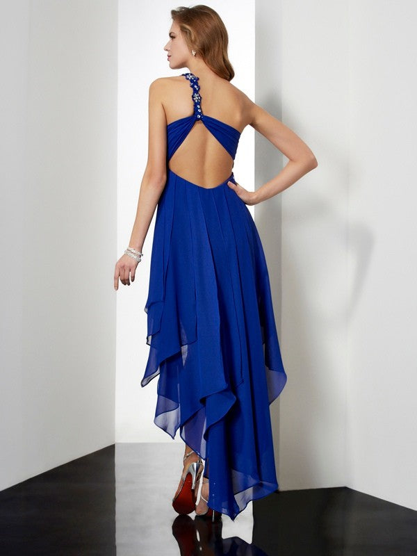 Wholesa  A-Line/Princess One-Shoulder Sleeveless Beading High Low Chiffon Dresses