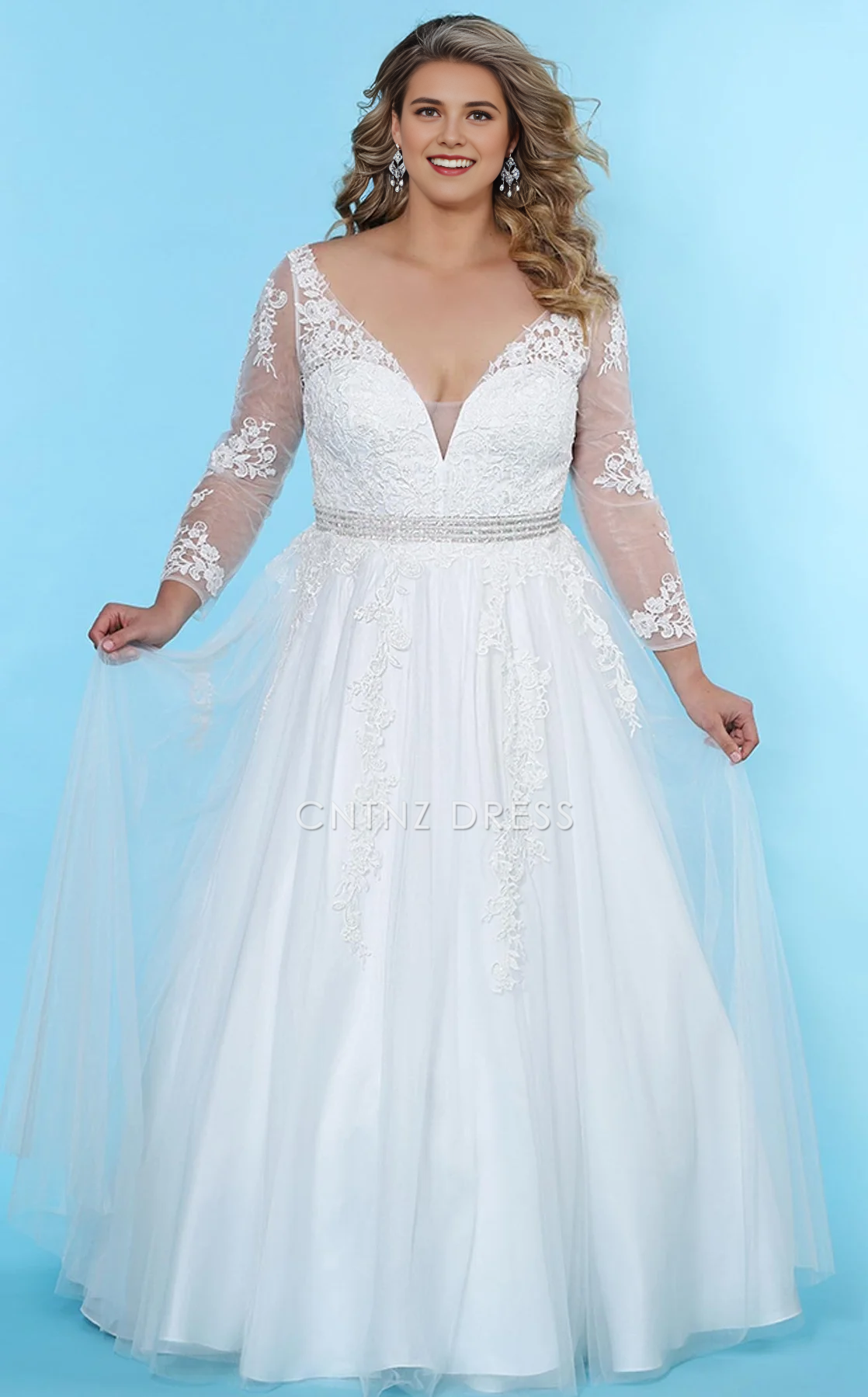 CNTNZ DRESS Elegant A Line V Neck Long Sleeves Lace Applique Fashion Plus Size Hot Sale Wedding Dress