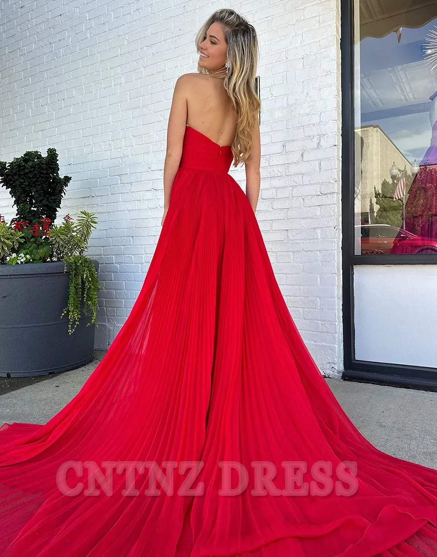 Wholesa A-Line Strapless Pleats Tulle Red Long formal dresses evening gown Prom Dress with Slit