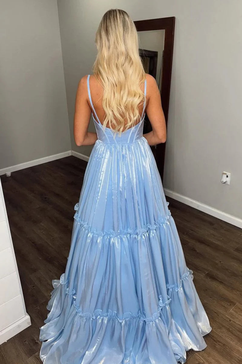 Fashion Formal Women's Dresses Cute Glitter Satin Light Blue A Line Spaghetti Strap Deep V Neck Sleeveless Backless Tiers Ruched Bargain Long Prom Dress