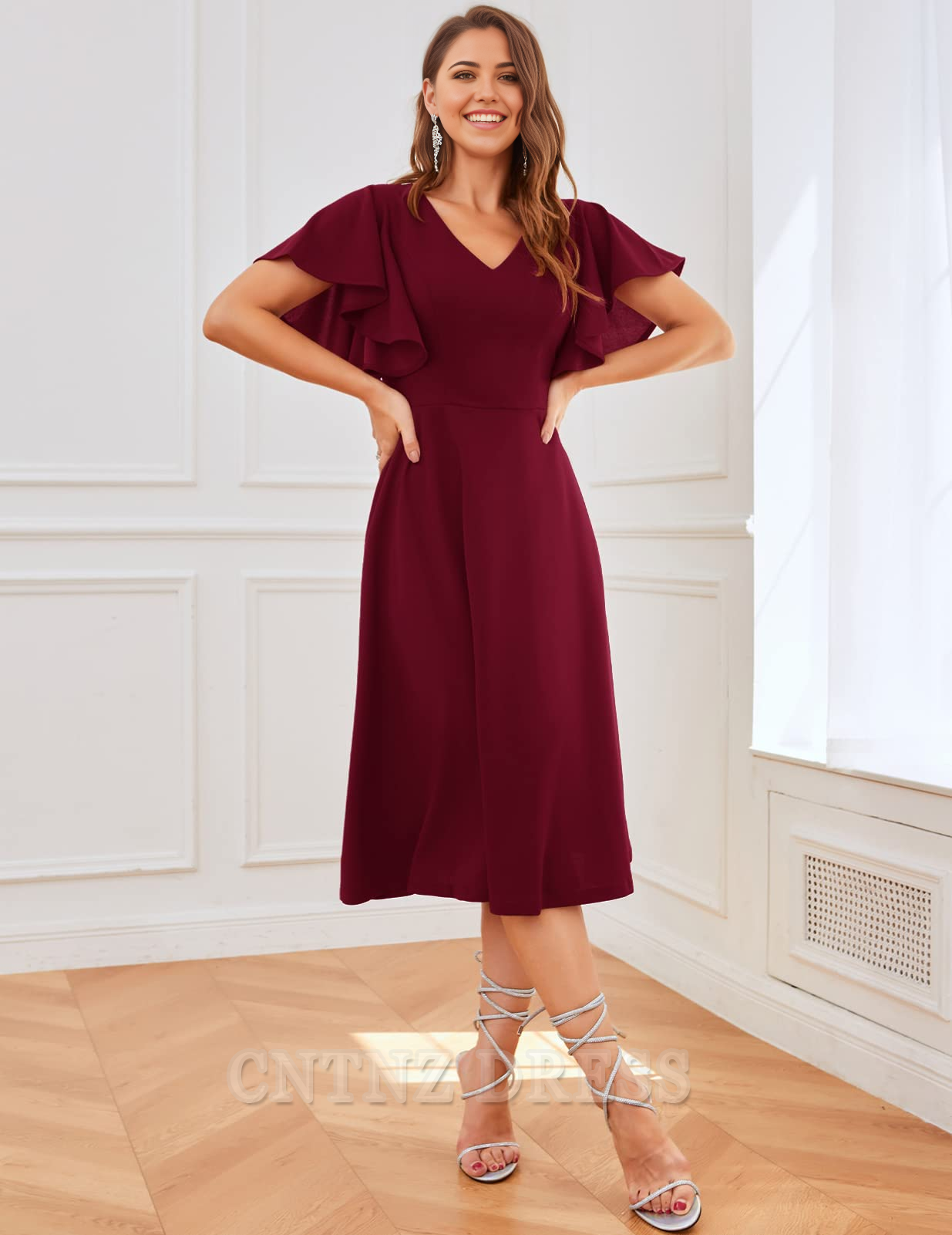 Wholesa A-line V-Neck Sleeves Formal Tea Length formal dresses Bridesmaid Dresses evening gown Prom Dress