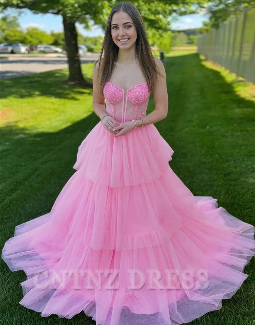 Wholesa A-Line Sparkly Spaghetti Straps Corset Ruffles Tulle Long formal dresses Bridesmaid Dresses evening gown Prom Dress