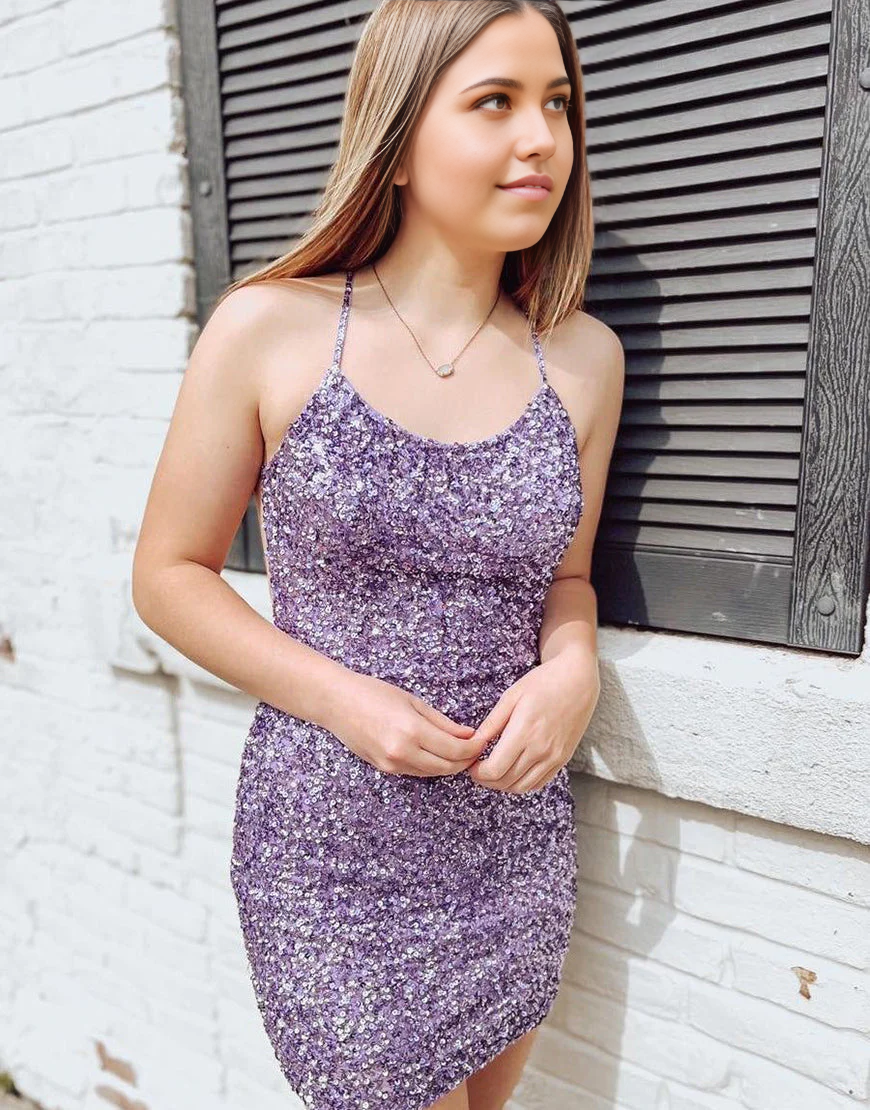 Wholesa Sheath Criss-Cross Backless Sequin Purple formal dresses Bridesmaid Dresses evening gown Prom Dress Homecoming Dress