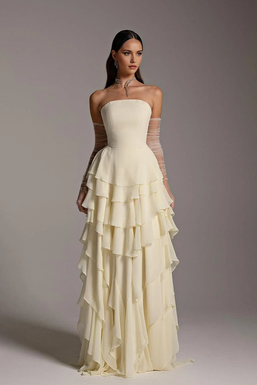 Charming A Line Strapless Sleeveless Layered Ruffles Backless Exquisite Evening Gowns Cute Long Prom Dress