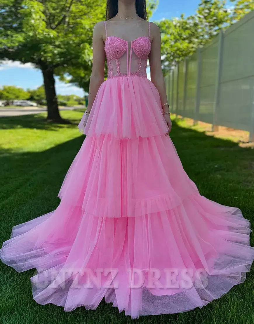 Wholesa A-Line Sparkly Spaghetti Straps Corset Ruffles Tulle Long formal dresses Bridesmaid Dresses evening gown Prom Dress