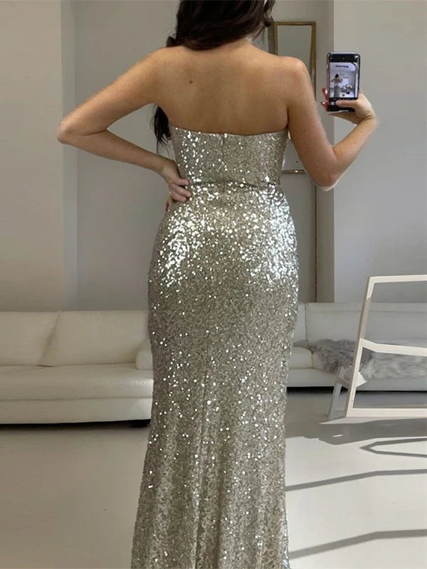 Wholesa Mermaid Sequins Strapless Sleeveless Floor-Length Long Prom Dresses With Split Side