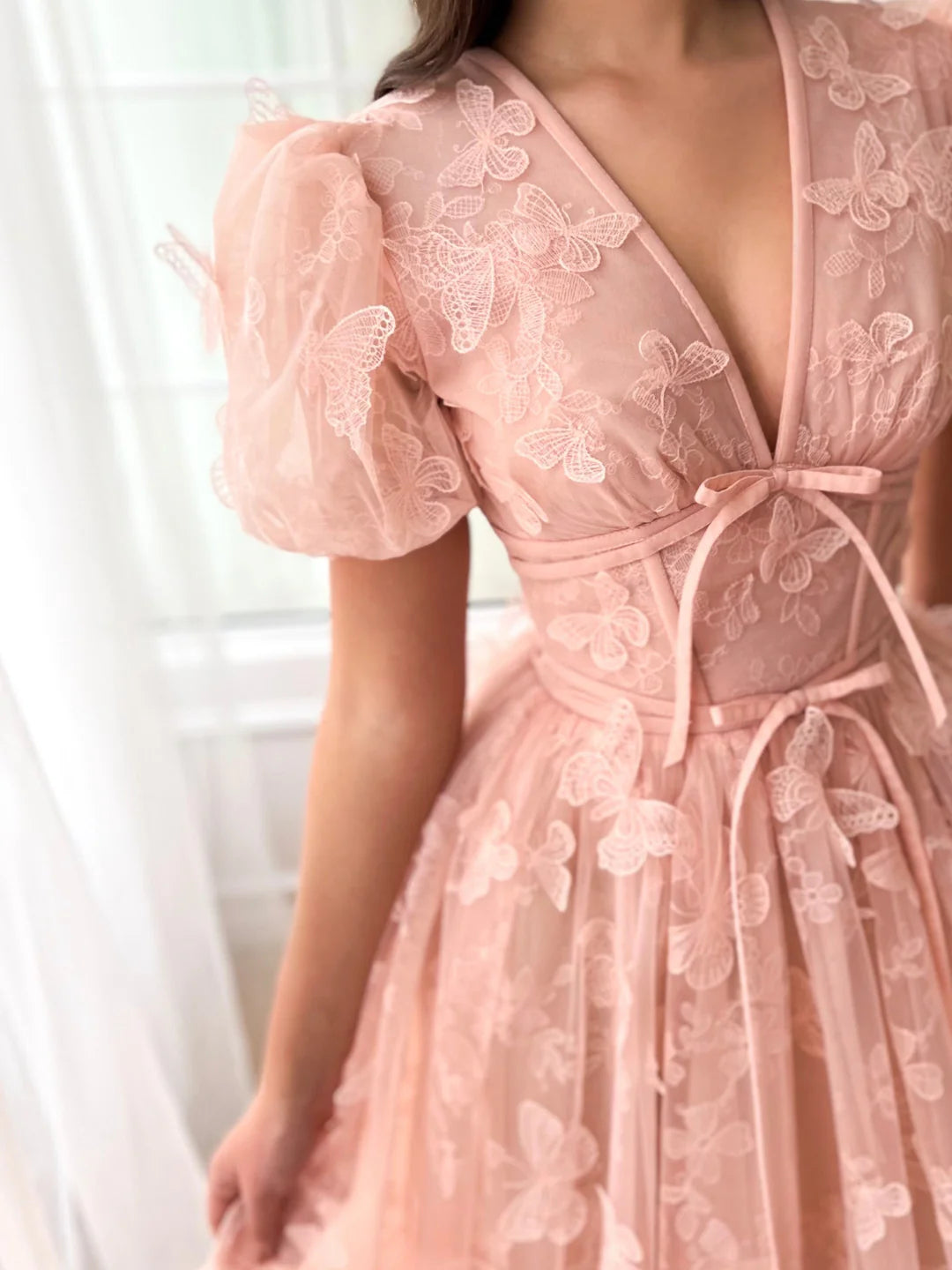 Wholesa A-Line V-Neck Short Sleeves Floor-Length Formal Prom Dresses