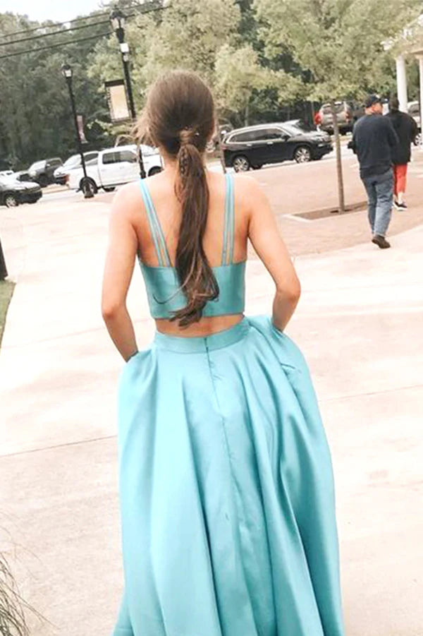 Wholesa Two Piece Simple Ball Gown V-neck Satin Prom Dresses with Pockets