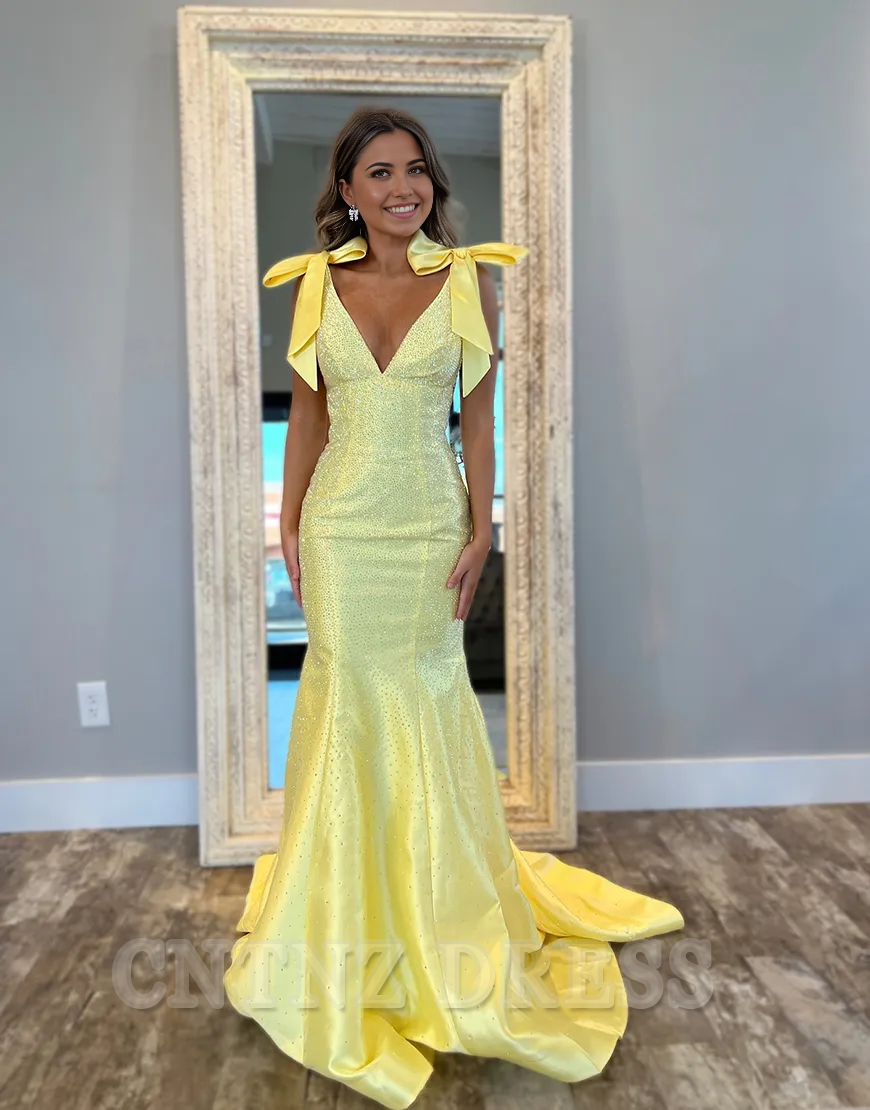 Wholesa Mermaid Sparkly V Neck Beaded Yellow Long formal dresses evening gown Prom Dress with Bows