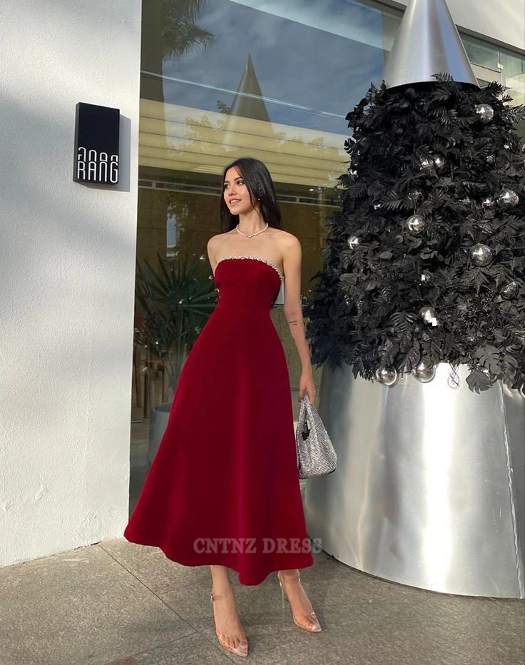 Wholesa A Line Strapless Midi Length Burgundy formal dresses Bridesmaid Dresses evening gown Prom Dress