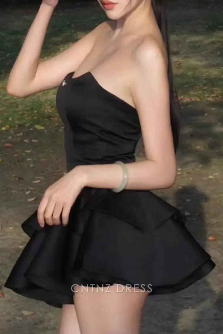 Wholesa A-line Strapless Black Satin Short Layered Homecoming Dress formal dresses Bridesmaid Dresses evening gown Prom Dress