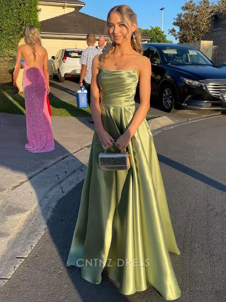Wholesa A-line Strapless Satin Pleated Sage Green Long formal dresses Bridesmaid Dresses evening gown Prom Dress