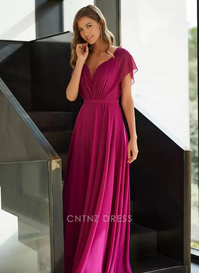Wholesa A-Line V-Neck Short Sleeves Chiffon Pleated Guest Dresses Mother of the Bride Dresse