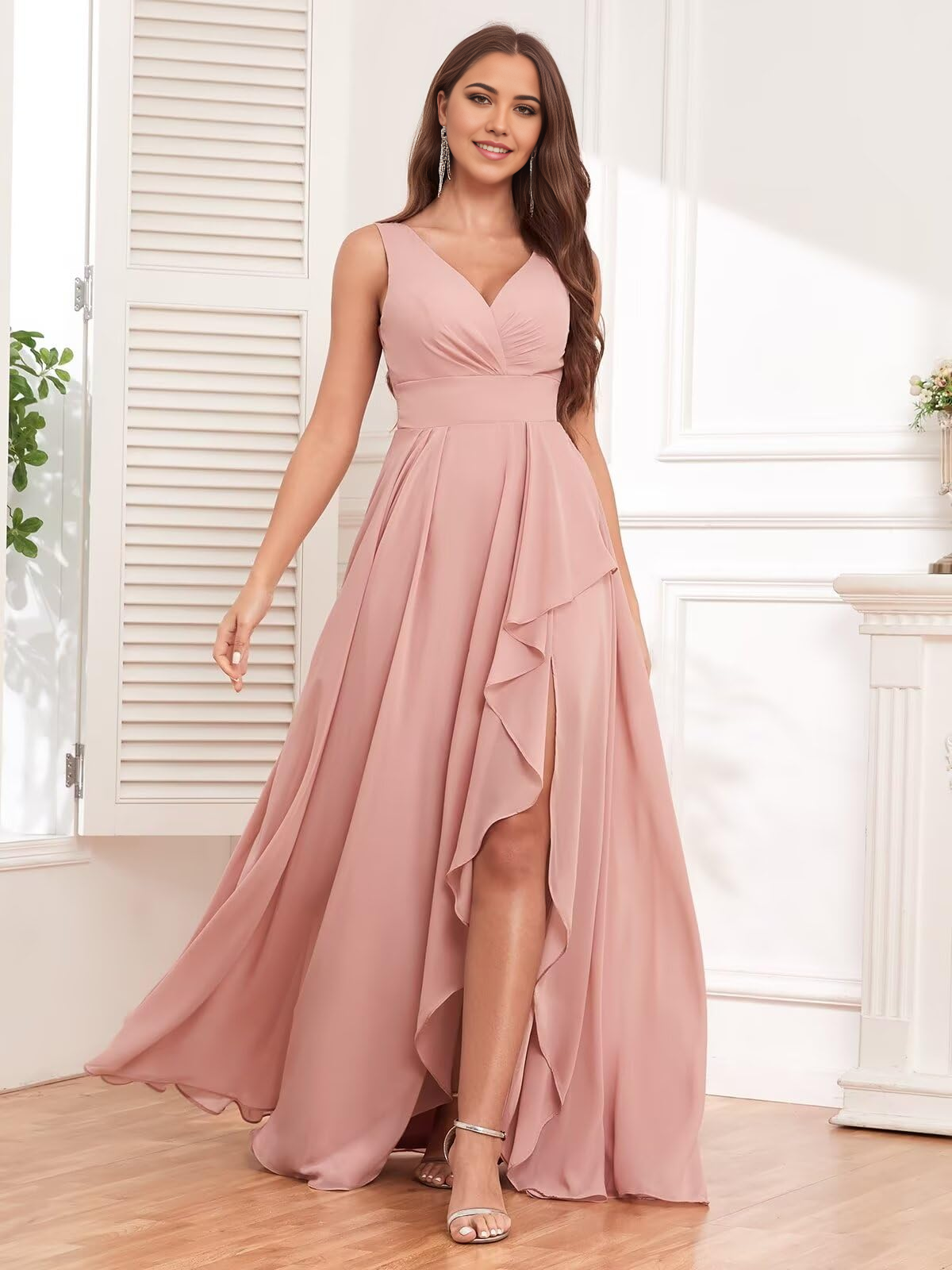 Wholesa A-line V Neck Ruffle Chiffon Long formal dresses Bridesmaid Dresses evening gown Prom Dress with Slit