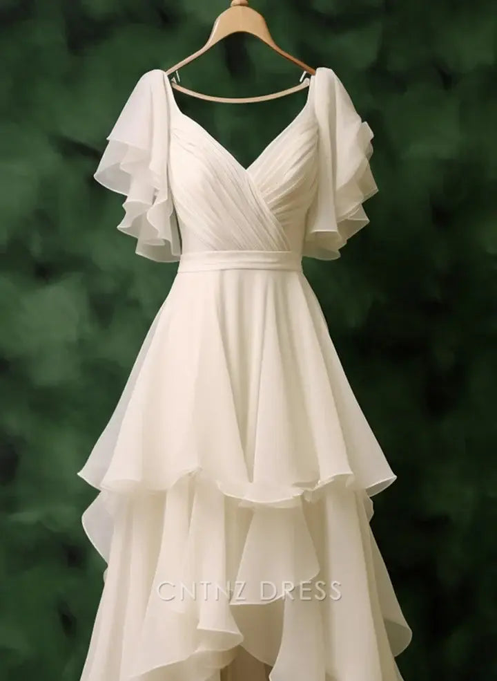 Wholesa A-line V-Neck Chiffon Layered High Low Pretty White formal dresses Bridesmaid Dresses evening gown Prom Dress