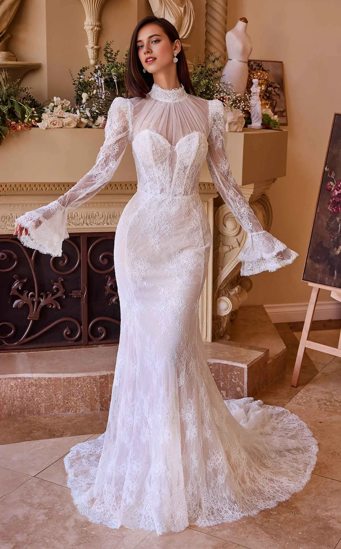CNTNZ DRESS Elegant Mermaid Sweetheart Long Sleeves Lace Two Dressing Styles Unique Fashion Hot Sale Wedding Dress