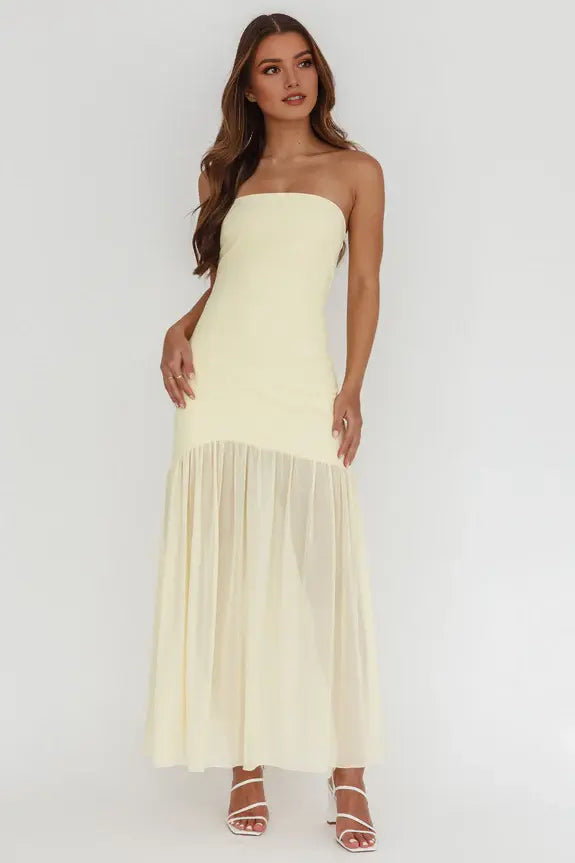Elegant Mermaid Strapless Ruched Sheer Hem Sleeveless Backless Light Yellow Fashion Long Wedding Guest Dress Hot Sale Prom Dress