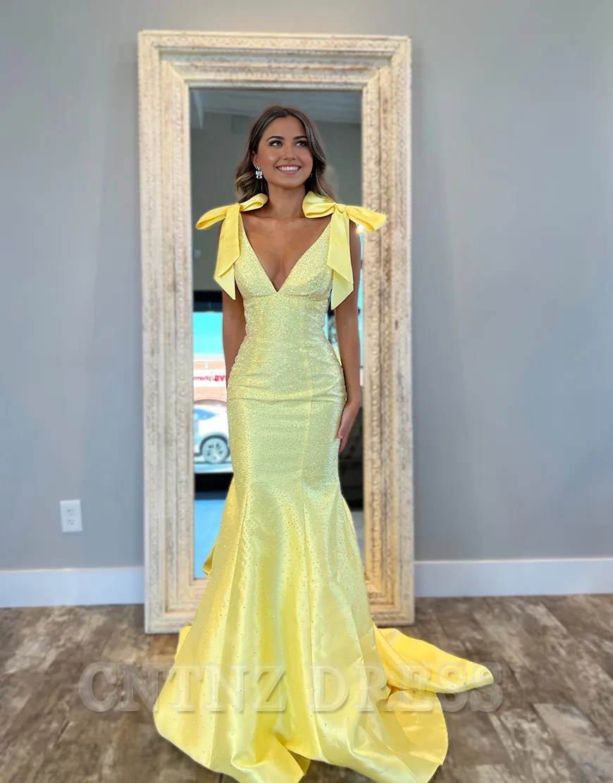 Wholesa Mermaid Sparkly V Neck Beaded Yellow Long formal dresses evening gown Prom Dress with Bows