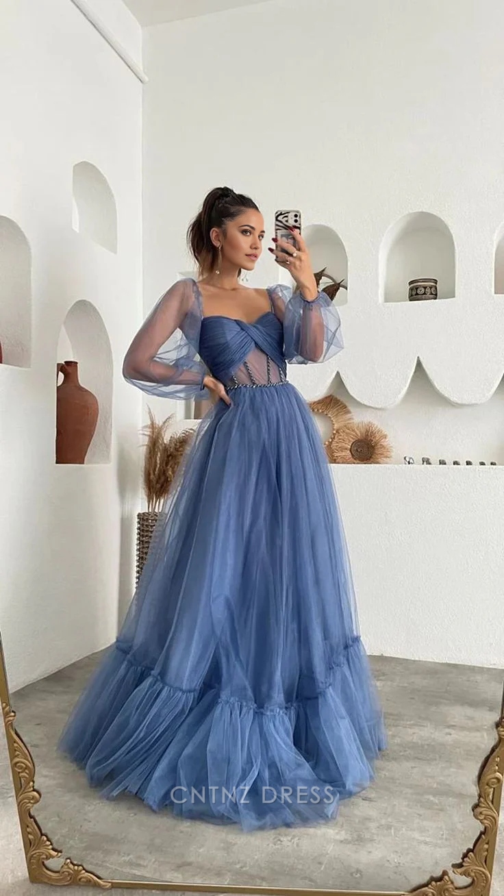 Wholesa A-line Tulle Long Sleeve formal dresses Bridesmaid Dresses evening gown Prom Dress