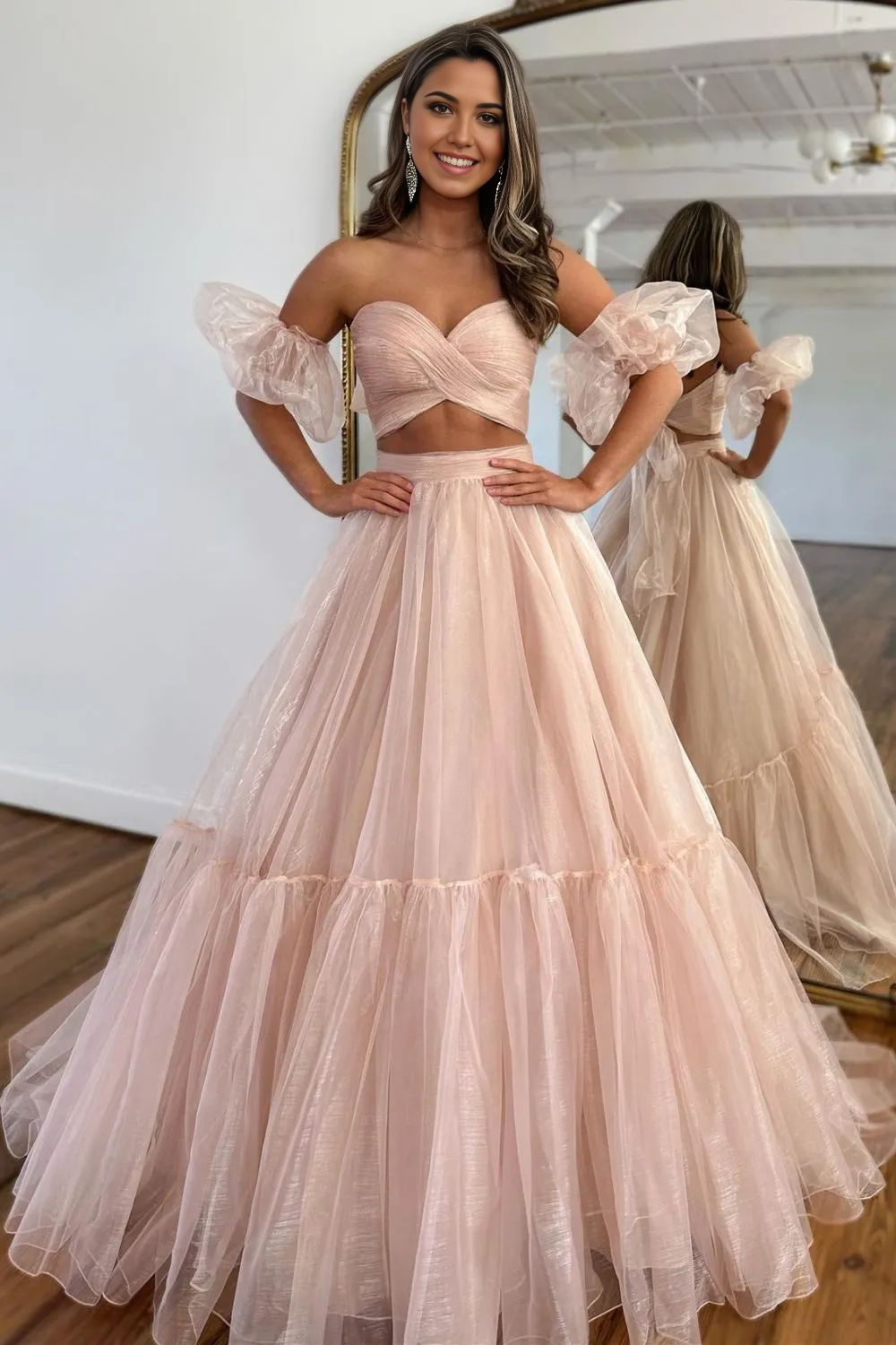 Wholesa A-Line Sweetheart Long Tulle formal dresses evening gown Prom Dress With Detachable Sleeves