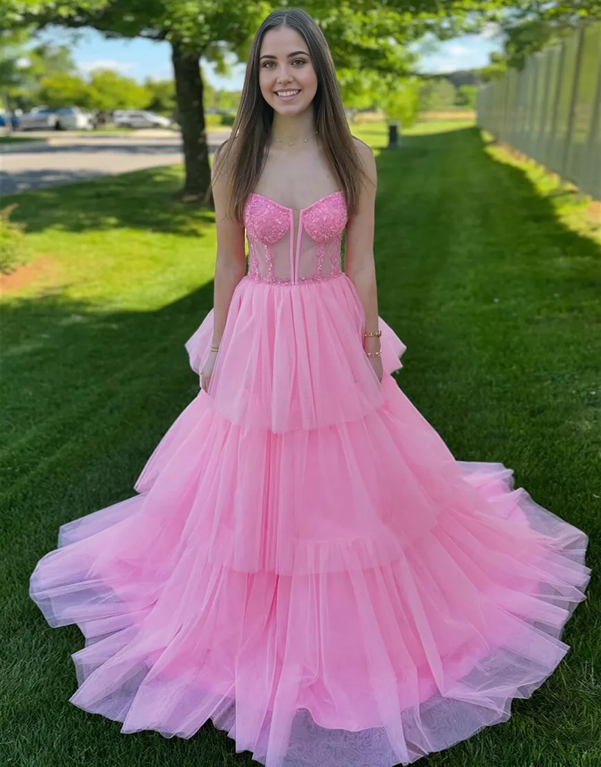 Wholesa A-Line Sparkly Spaghetti Straps Corset Ruffles Tulle Long formal dresses Bridesmaid Dresses evening gown Prom Dress