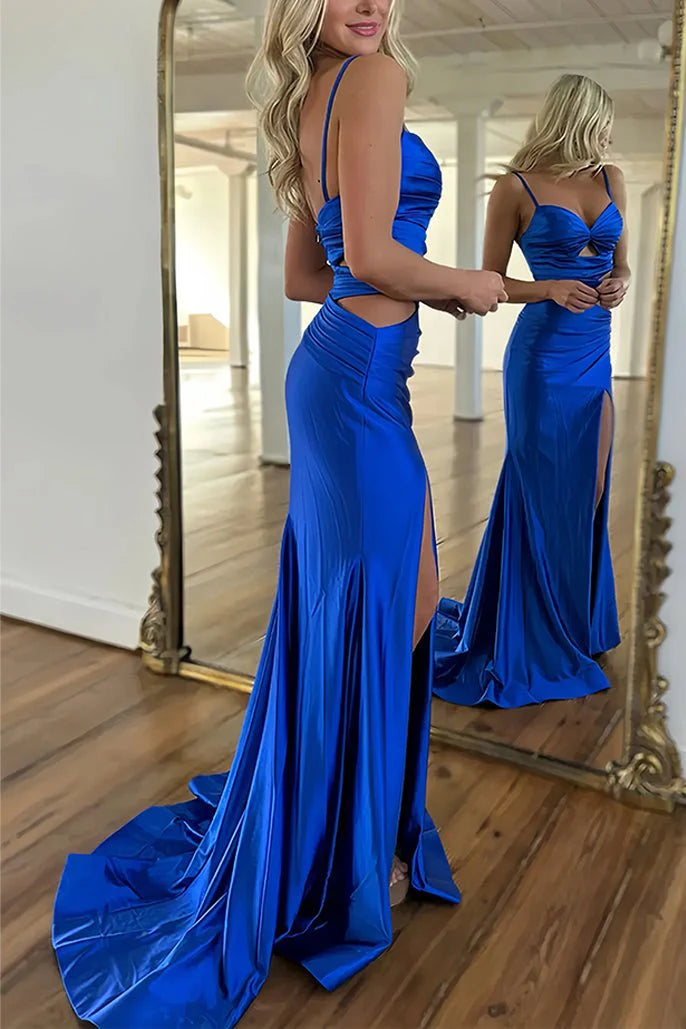 Charming Formal Women's Dresses Cute Royal Blue Satin Mermaid Spaghetti Strap Sweetheart Pleated Hollow-Out Sleeveless Backless Side Fork Bargain Long Prom Dress