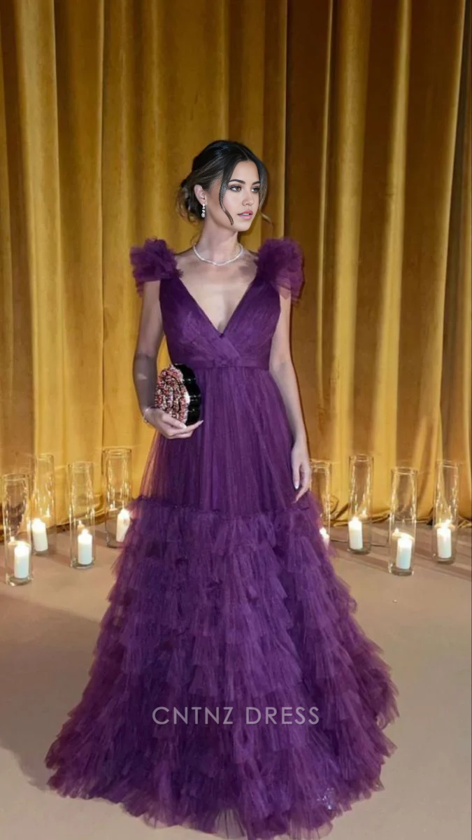 Wholesa A Line Sexy Tulle Layered Ruffles Purple formal dresses Bridesmaid Dresses evening gown Prom Dress