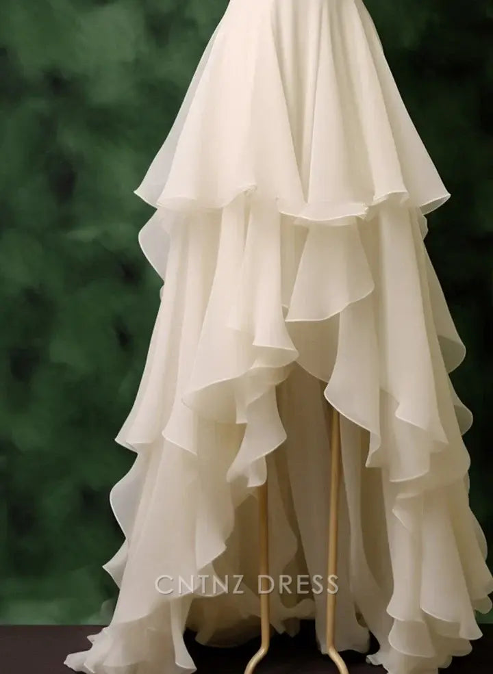 Wholesa A-line V-Neck Chiffon Layered High Low Pretty White formal dresses Bridesmaid Dresses evening gown Prom Dress