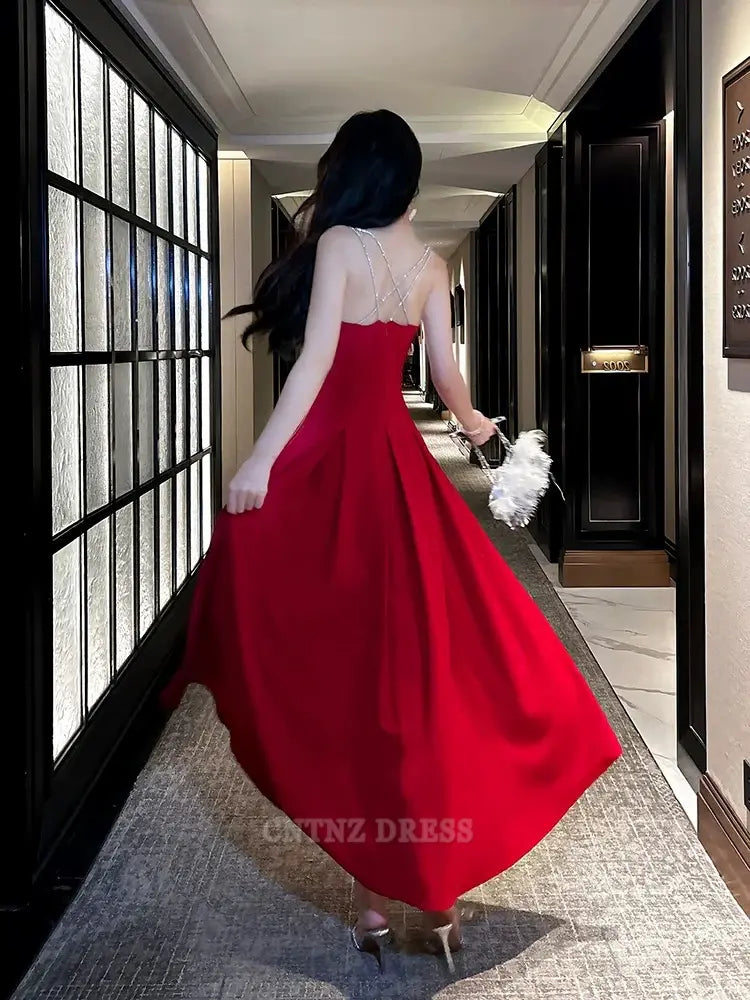 Wholesa A line Straps Red Long Satin formal dresses Bridesmaid Dresses evening gown Prom Dress