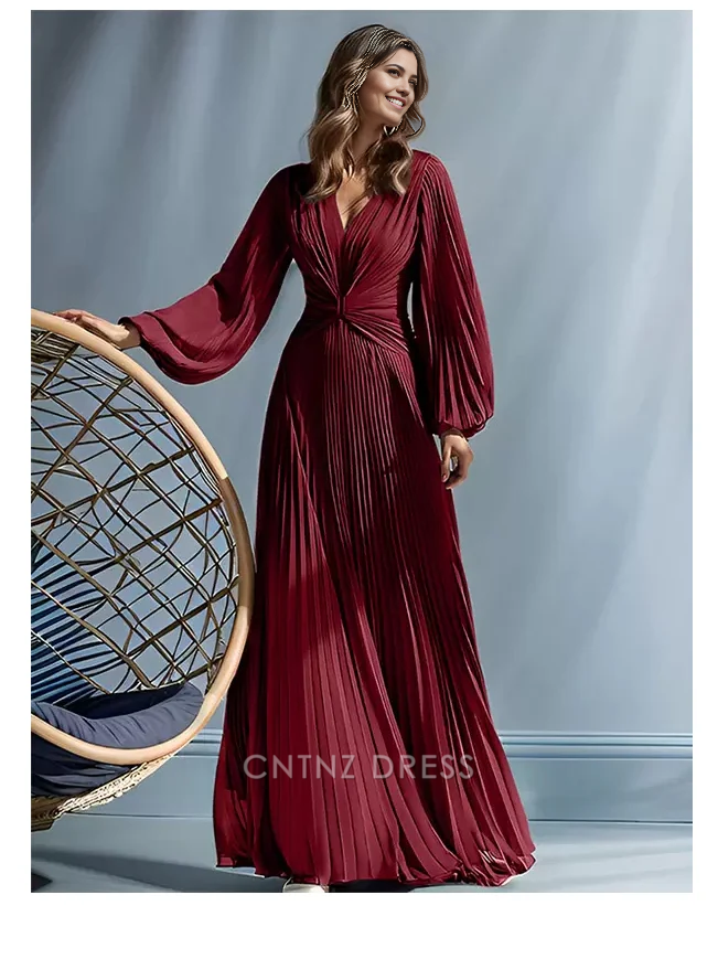 Wholesa A-Line V-Neck Long Sleeves Pleated Floor-Length Guest Dresses For Wedding Mother of the Bride Dresse