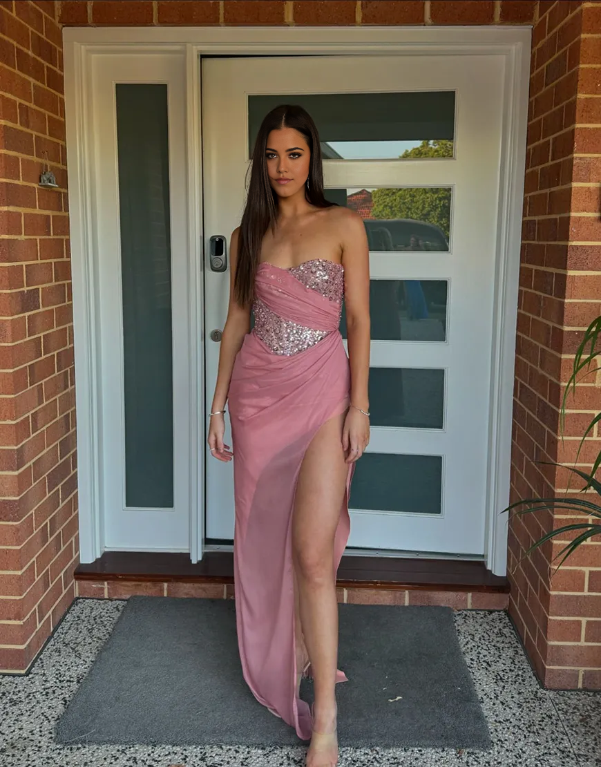 Wholesa Mermaid Sparkly Strapless Sequined Top Corset Pink Long formal dresses evening gown Prom Dress with Slit