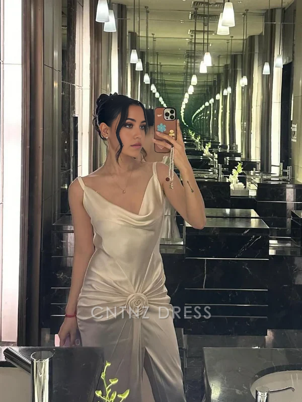 Wholesa Mermaid Spaghetti Straps Backless White formal dresses Bridesmaid Dresses evening gown Prom Dress With Flowers