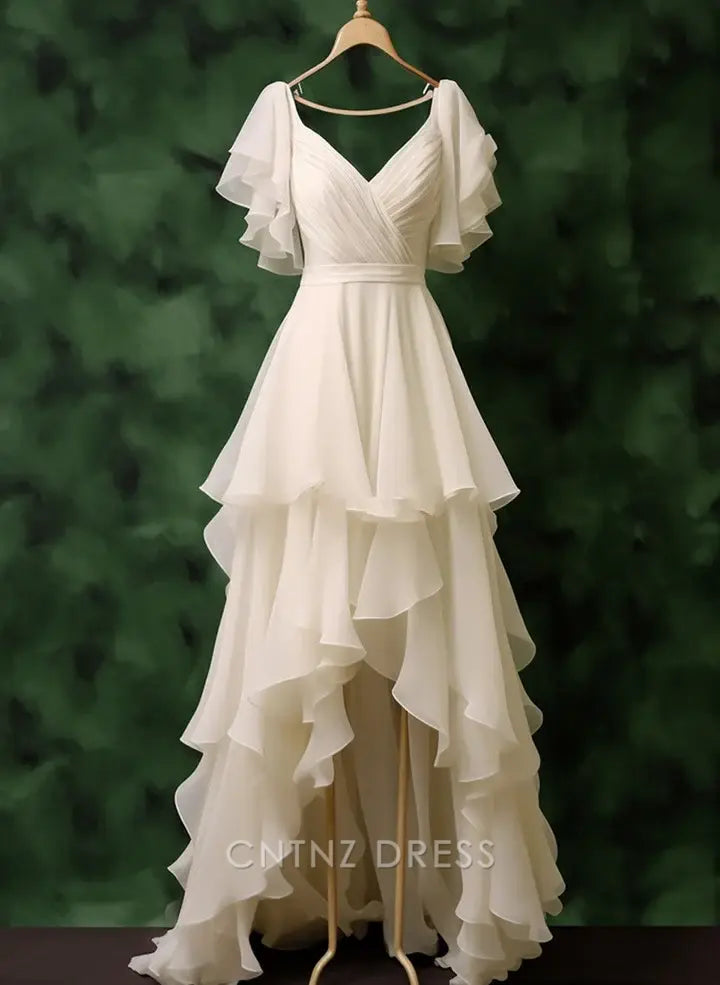 Wholesa A-line V-Neck Chiffon Layered High Low Pretty White formal dresses Bridesmaid Dresses evening gown Prom Dress