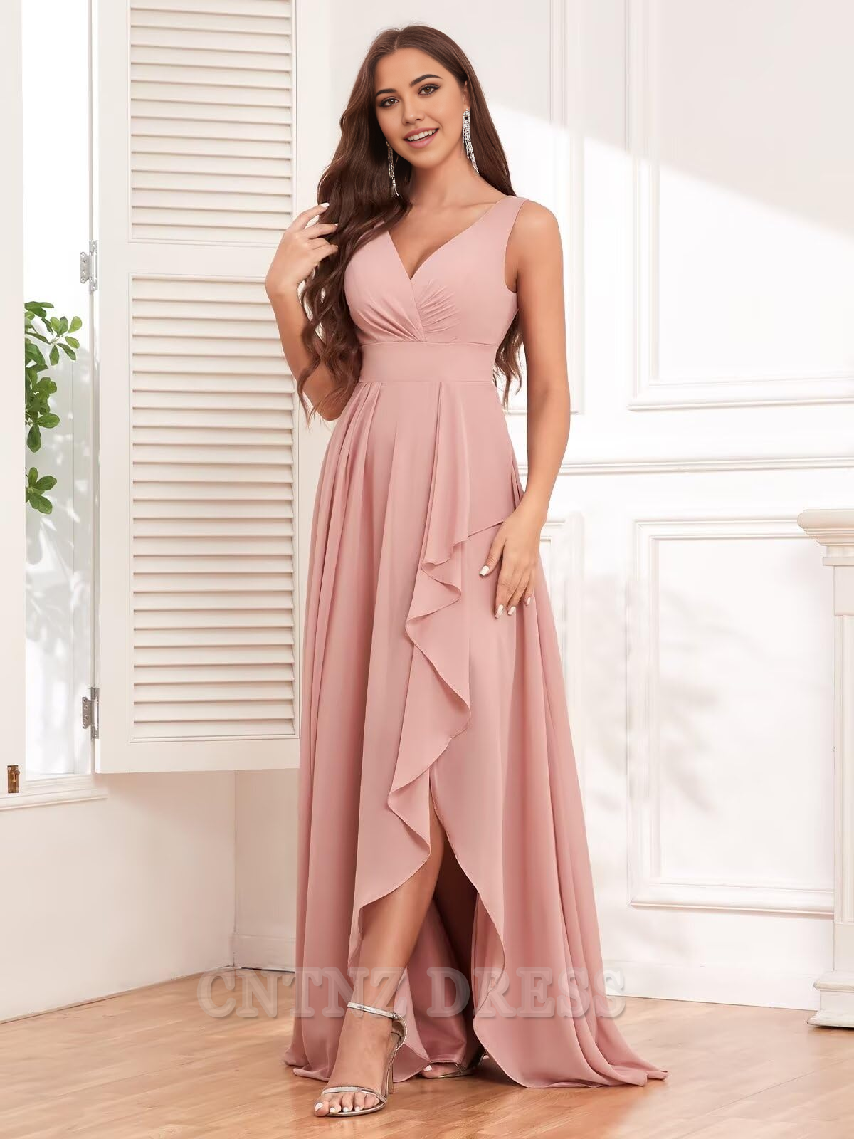 Wholesa A-line V Neck Ruffle Chiffon Long formal dresses Bridesmaid Dresses evening gown Prom Dress with Slit