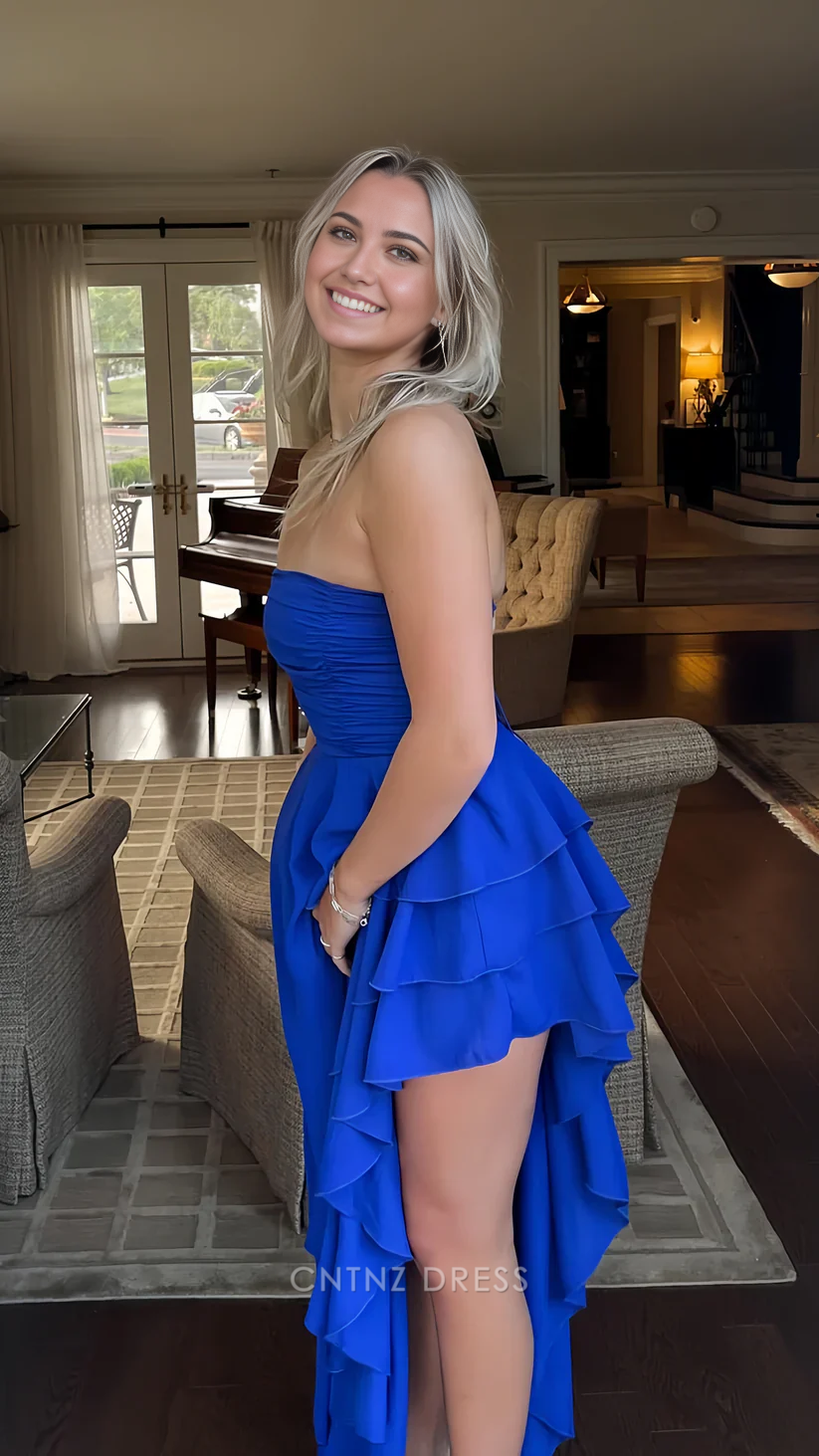 Wholesa A-line Strapless Ruffle Layered Sexy Royal Blue Long formal dresses Bridesmaid Dresses evening gown Prom Dress
