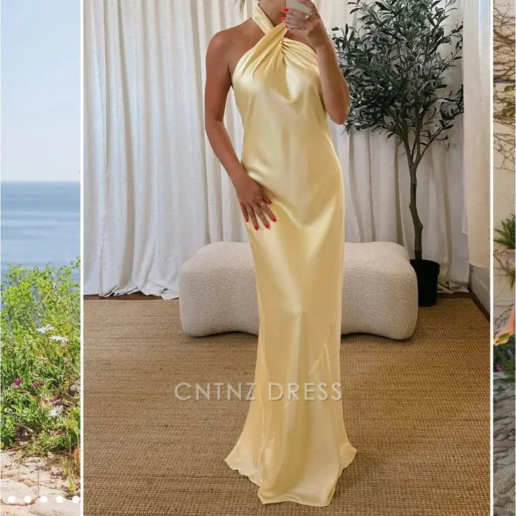Wholesa Sheath Halter Simple Satin Yellow Long formal dresses Bridesmaid Dresses evening gown Prom Dress