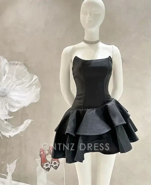 Wholesa A-line Elegant Black Strapless Short Homecoming Dress formal dresses Bridesmaid Dresses evening gown Prom Dress