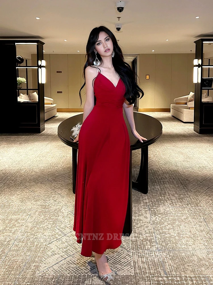 Wholesa A line Straps Red Long Satin formal dresses Bridesmaid Dresses evening gown Prom Dress