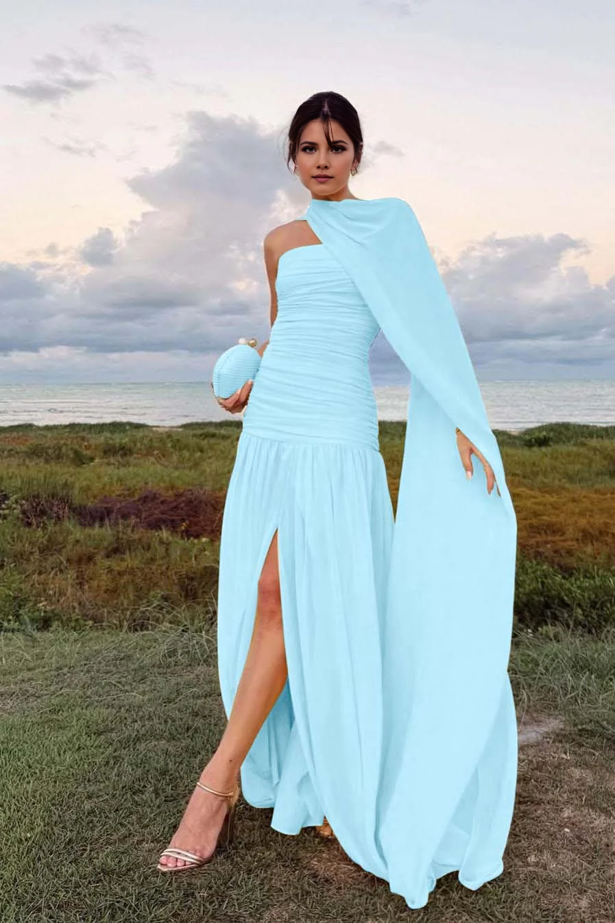 Chiffon Sheath Strapless Sleeveless Pleated With Slit With Scarf Chic Evening Gowns Exquisite Long Prom Dress