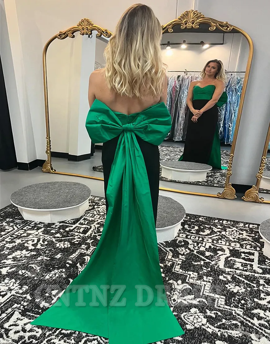 Wholesa Mermaid Strapless Black Green Long formal dresses Bridesmaid Dresses evening gown Prom Dress with Green Bow